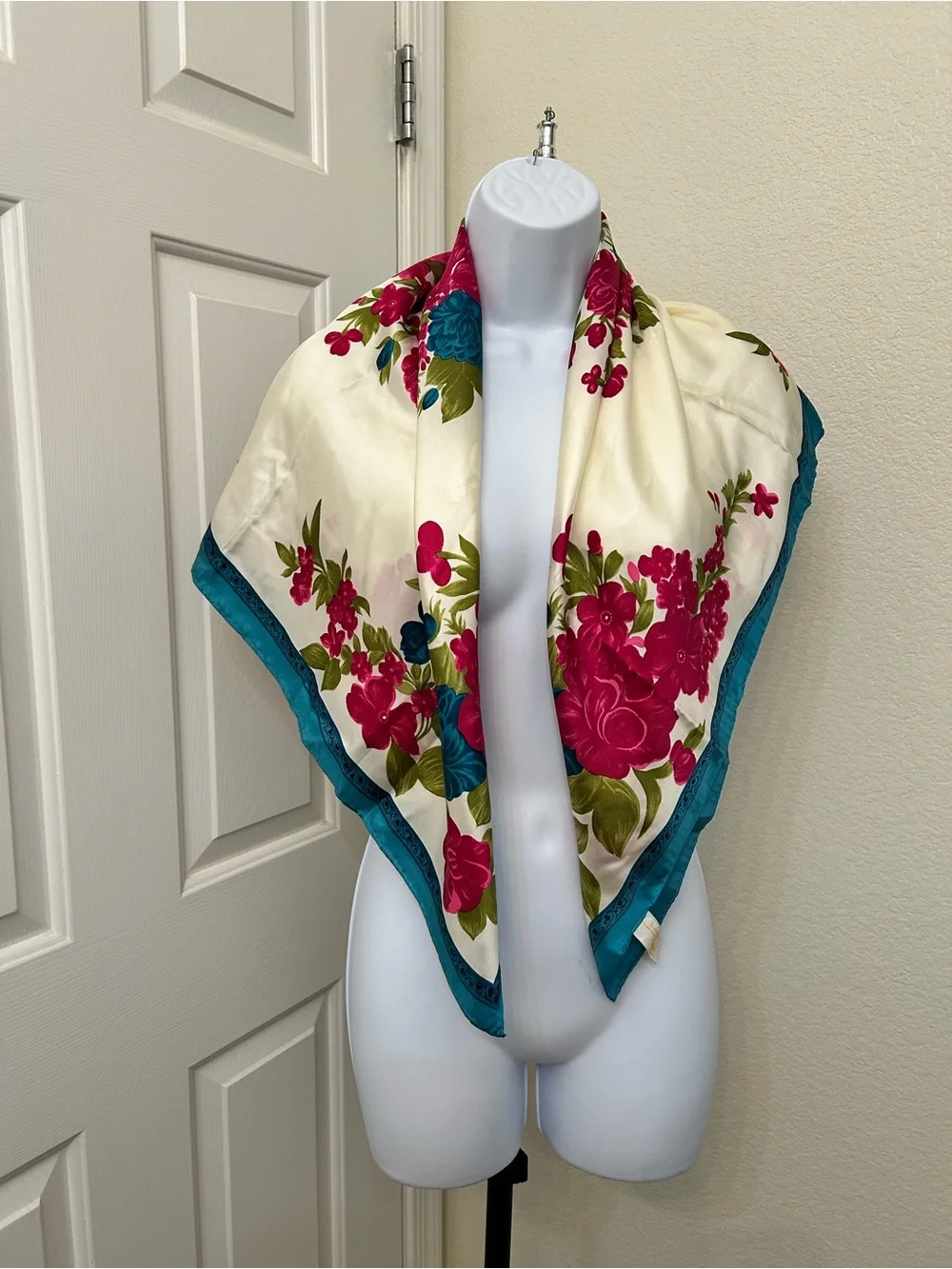 Vintage Elaine Gold 100% Silk Scarf — Ivory & Teal Floral